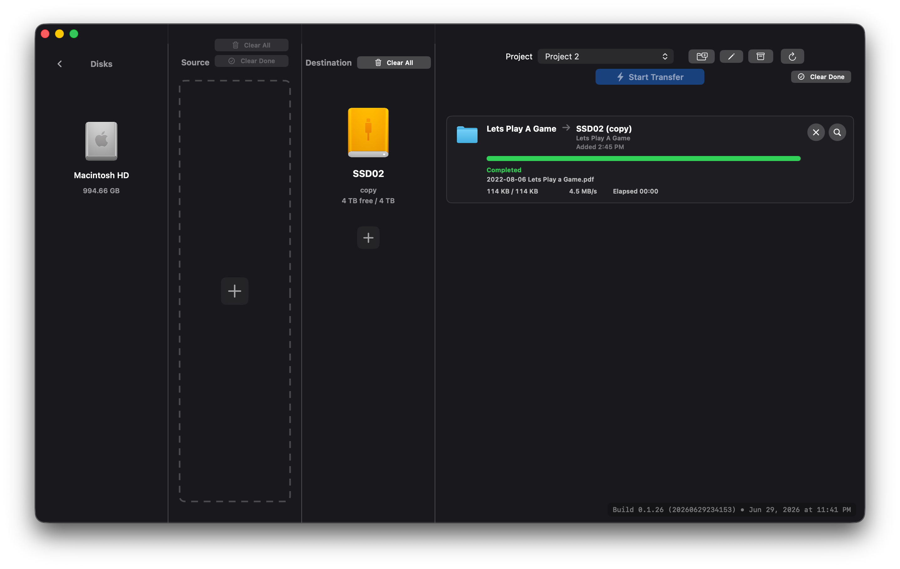 ocfSync interface showing source, destination, project, and completed transfer progress